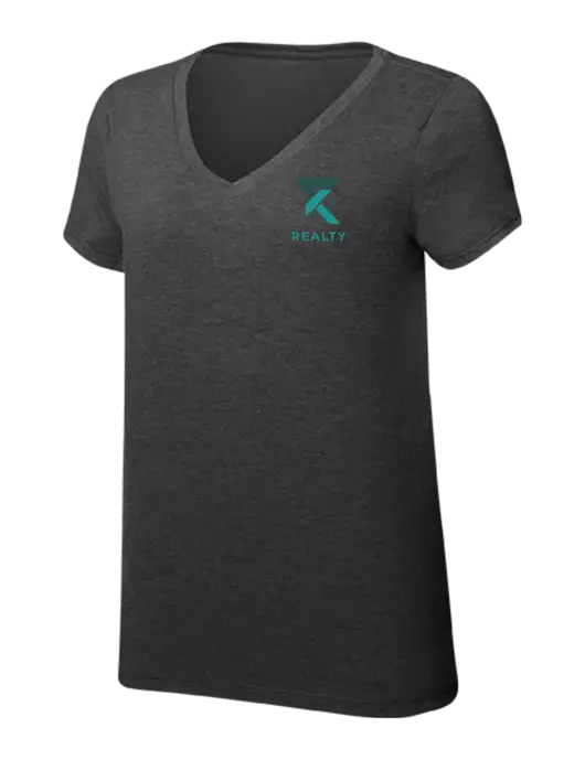 Womens Simply Soft V-Neck Black Frost 4.5oz  Poly/Combed Ring Spun Cotton T-Shirt w/TK Realty Logo
