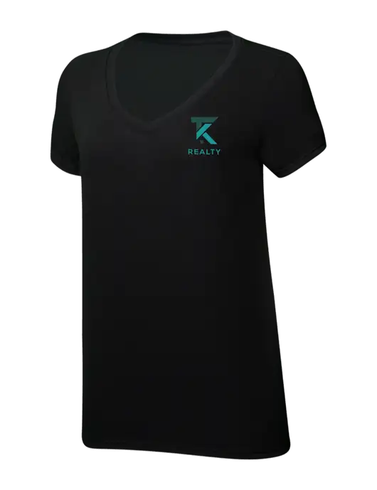 Womens Simply Soft V-Neck Black 4.5oz  Poly/Combed Ring Spun Cotton T-Shirt w/TK Realty Logo