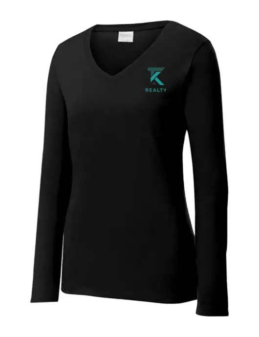 Womens V-Neck Ring Spun Jet Black 4.5 oz Long Sleeve T-Shirt w/TK Realty Logo