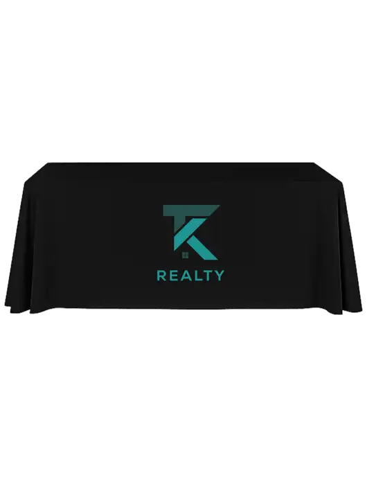 8' Stain-Resistant 4-Sided Black Table Cover w/TK Realty Logo