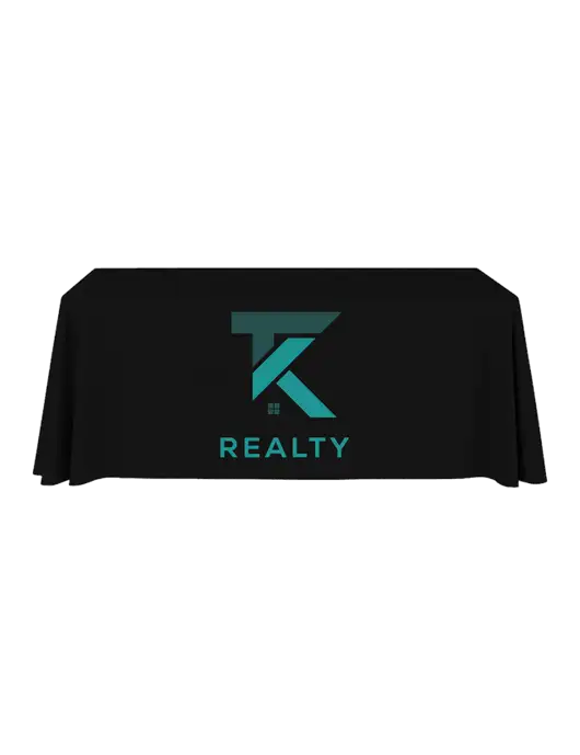 6' Stain-Resistant 4-Sided Black Table Cover w/TK Realty Logo